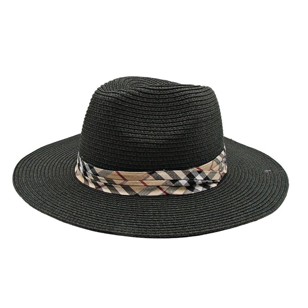 Black Wide Floppy Brim Sun Hat Plaid Band Beach Travel OSFM Rockabilly Western